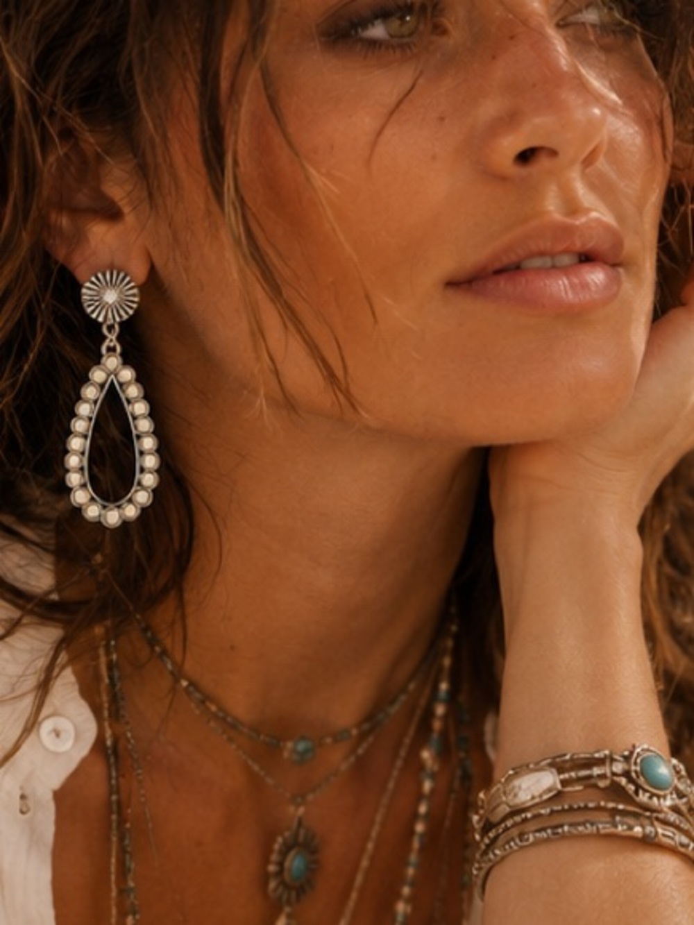 Western Concho Teardrop Earrings Silver Cowgirl Statement Drop